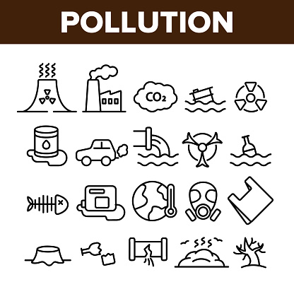 Pollution of Environment Vector Thin Line Icons Set. Air, Water, Soil Pollution Problems Linear Pictograms. Chemical Contamination, Gas Emissions, Deforestation, Global Warming Contour Illustrations