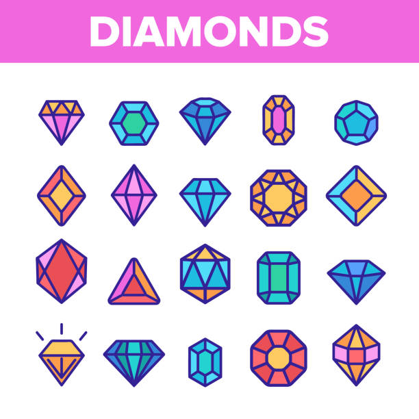 diamanten, edelsteine vektor dünne linie icons set - schmuckstein stock-grafiken, -clipart, -cartoons und -symbole