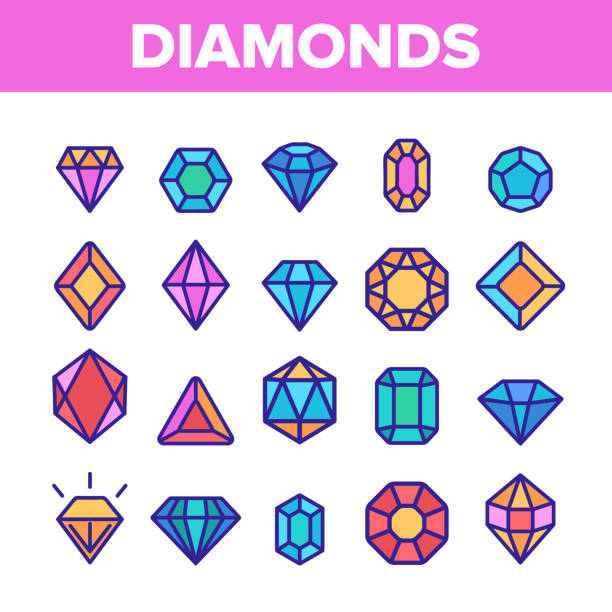 ilustraciones, imágenes clip art, dibujos animados e iconos de stock de diamantes, gemas vector delgada línea iconos set - gem jewelry symbol shape