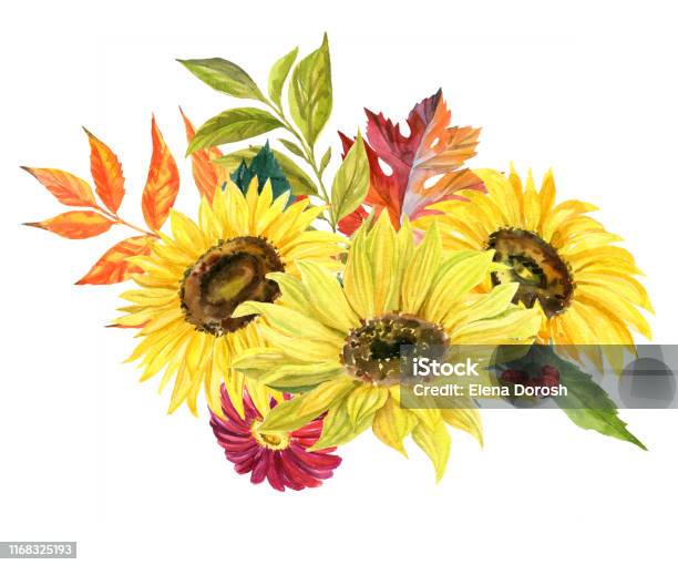 장식 수채화 가을 꽃과 흰색 배경에 고립 된 낙엽의 수채화 손 그린 꽃다발 꽃-식물에 대한 스톡 벡터 아트 및 기타 이미지 - 꽃-식물,  예술, 가을 - Istock