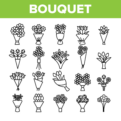 Bouquets, Bunches Of Flowers Vector Icons Set. International Womens Day, Birthday, Romantic Present. Natural, Traditional Gift For Girls, Women, Ladies. Roses, Tulips, Daisies Thin Line Illustration
