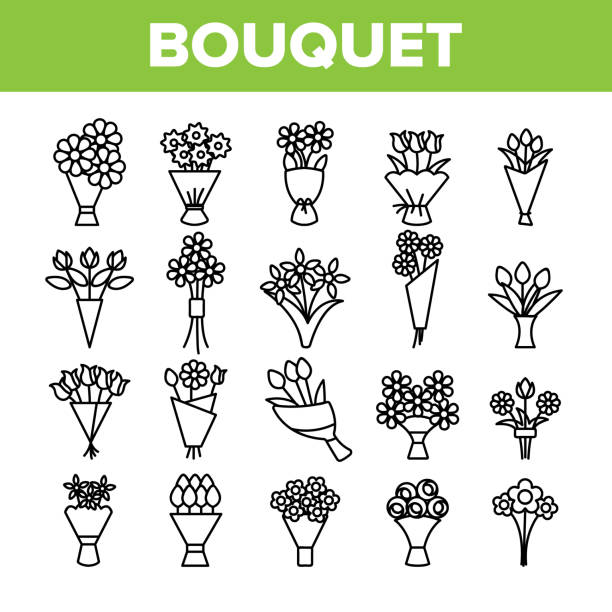 Bouquets, Bunches Of Flowers Vector Icons Set Bouquets, Bunches Of Flowers Vector Icons Set. International Womens Day, Birthday, Romantic Present. Natural, Traditional Gift For Girls, Women, Ladies. Roses, Tulips, Daisies Thin Line Illustration bouquet stock illustrations