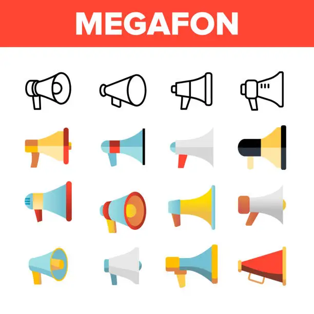 Vector illustration of Megafon, Megaphone, Loudspeaker Vector Linear Icons Set