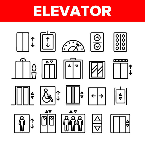 illustrations, cliparts, dessins animés et icônes de ascenseur passager, ensemble d'icônes linéaires de vecteur de levage - elevator