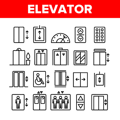 Passenger Elevator, Lift Vector Linear Icons Set. Condominium Indoor Elevator Door Outline Symbols Pack. Apartment Building Lift With Up And Down Buttons Isolated Contour Illustrations