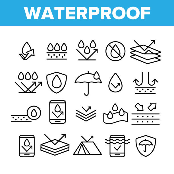 Waterproof, Water Resistant Materials Vector Linear Icons Set Waterproof, Water Resistant Materials Vector Linear Icons Set. Waterproof, Surface Protection Outline Cliparts. Hydrophobic Fabric Pictograms Collection. Anti Wetting Material Thin Line Illustration water repellent stock illustrations