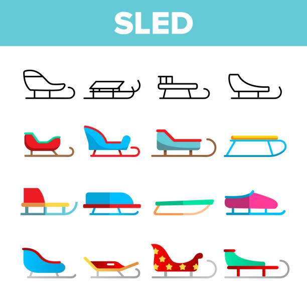 Sled, Winter Activity Vector Linear Icons Set Sled, Winter Activity Vector Linear Icons Set. Differently Shaped And Colored Sled. Sleigh Sport, Winter Activity Equipment Thin Line Pictograms. Childhood Outdoor Entertainment Flat Illustrations animal sleigh stock illustrations