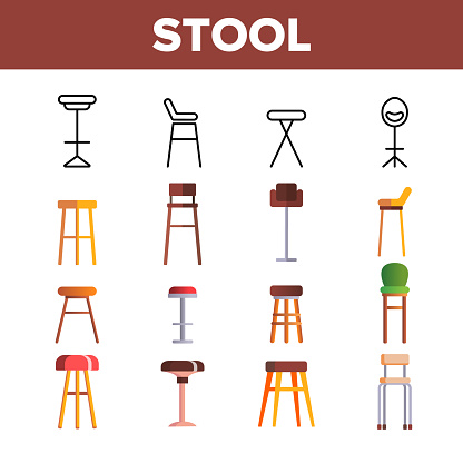 Stool, Sitting Furniture Vector Linear Icons Set. Bar Stool, Furniture And Seating. House Interior Items For Sitting Thin Line Pictograms. Home Trendy Design Elements Flat Illustrations