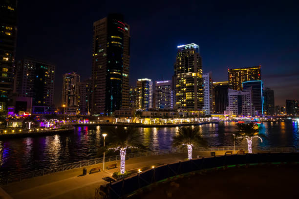 Dubai, UAE - December 2, 2018: Dubai's high rise houses in the evening. Dubai Marina district.