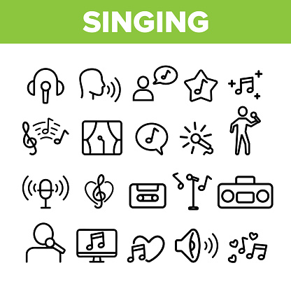 Collection Different Singing Icons Set Vector Thin Line. Singing And Listening Song And Music In Karaoke, Concert, Tape-recorder Or Audiophone Linear Pictograms. Monochrome Contour Illustrations