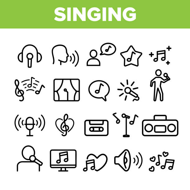 Collection Different Singing Icons Set Vector Collection Different Singing Icons Set Vector Thin Line. Singing And Listening Song And Music In Karaoke, Concert, Tape-recorder Or Audiophone Linear Pictograms. Monochrome Contour Illustrations music stock illustrations