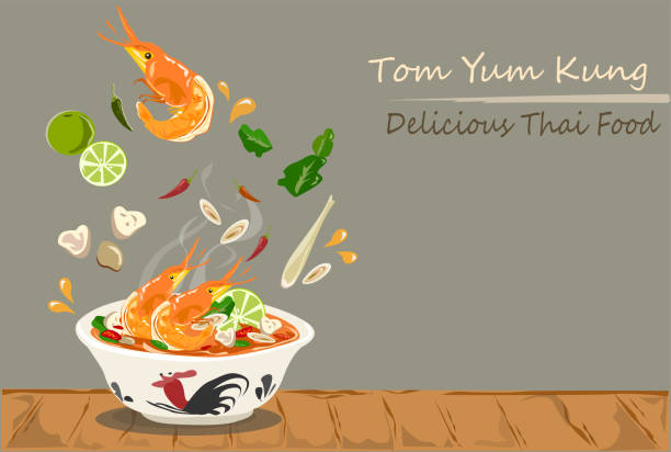 Tom Yum Kung Thai food hot and spicy soup vector design. Tom Yum Kung Thai food hot and spicy soup in traditional bowl on wooden table with grey color background.Food vector design. shrimp prepared shrimp prawn cartoon stock illustrations