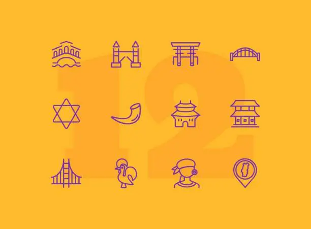 Vector illustration of Landmarks line icon set. Venice, tower bridge