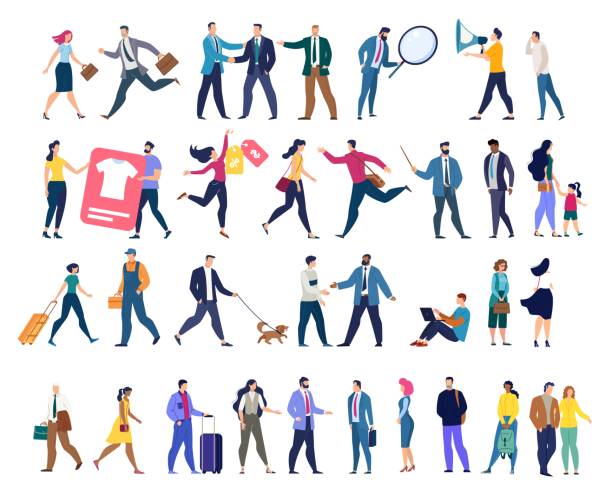 Various Businesspeople Characters Vector Set Different Multinational People Characters Flat Vector Set Isolated on White Background. Working Businesswomen and Businessmen, Tourist and Travelers with Baggage, Workman or Repairman Illustration businessman illustrations stock illustrations