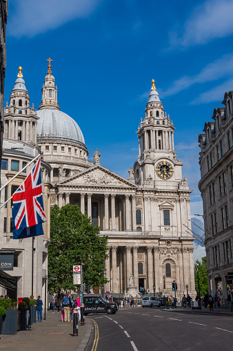 London, England - 09 June 2019: View of St Paul's Cathedral with the flag of England