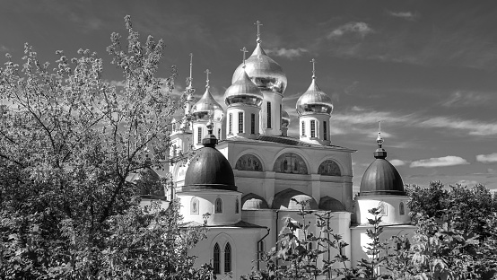 Monochrome view of golden cupola of Dmitrov Kremlin