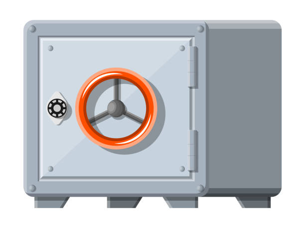 metallischer safe mit geschlossener tür für geld - coin bank cash box safety deposit box lock stock-grafiken, -clipart, -cartoons und -symbole