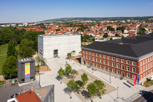 Weimar, , Germany - July 25, 2019: Aerial view of Weimar with the new Bauhaus Museum.