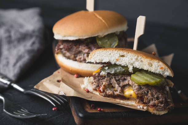 istock Burger stuffed with cheddar cheese. Juicy Lucy 1168339996