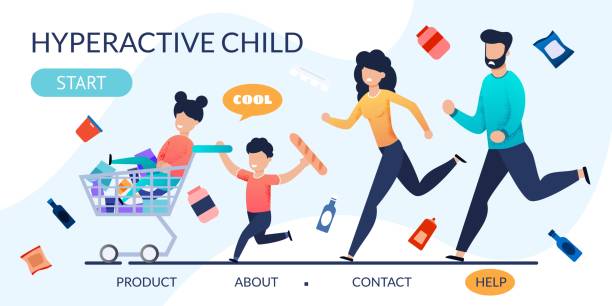 Landing Page with Hyperactive Children and Parents Landing Page with Hyperactive Children and Parents. Cartoon Disobedient, Naughty, Rowdy Kids Fool with Grocery Cart. Disordered Mom and Dad Run after. Neurodevelopmental Disorders. Vector Illustration positive negative slide stock illustrations