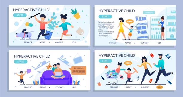 Hyperactive Children Flat Design Landing Page Set Hyperactive Children Flat Design Landing Page Set. Cartoon Kids with Attention Deficit Symptoms. Family Psychological Help. Parenting Problems. ADHD Treatment Advices and Solution. Vector Illustration child misbehaving stock illustrations