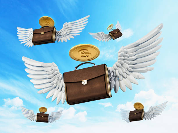 valigette alate volanti con aloni di monete dollaro nel cielo - fondo raggera foto e immagini stock