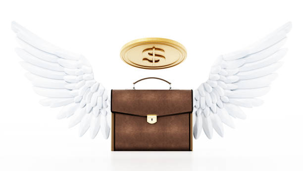 valigetta alata con alone a forma di moneta isolato su bianco. concetto di angel investor. - fondo raggera foto e immagini stock