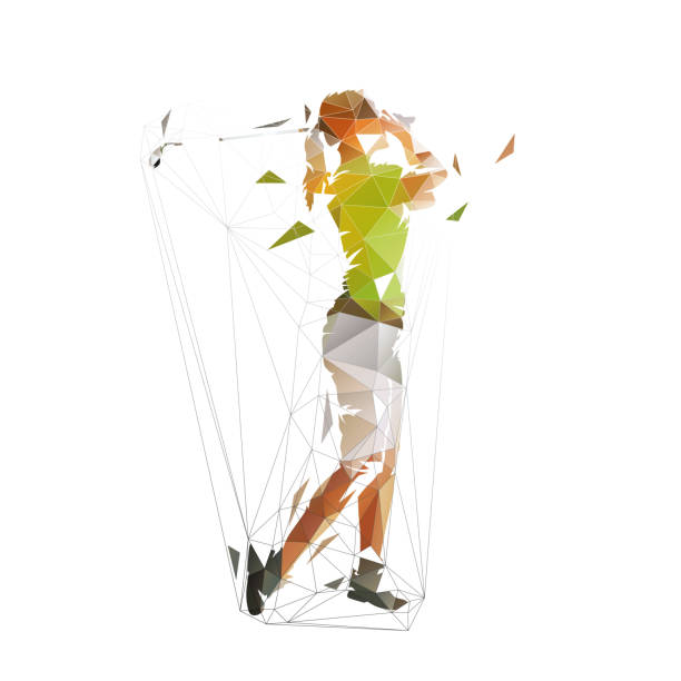 golf-frau, isoliert niedrige polygonale vektor-illustration. geometrische isoliert bunte golfer - golf golf course swinging isolated stock-grafiken, -clipart, -cartoons und -symbole