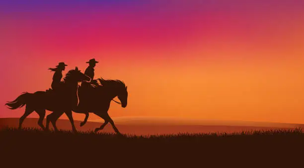 Vector illustration of cowgirl and cowboy riding horses in romantic sunset background