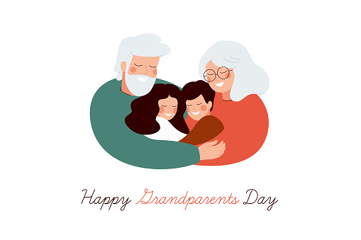 Happy Grandparents Day greeting card. Senior generation embrace their grandson and granddaughter with love and care. Vector illustration isolated on white background