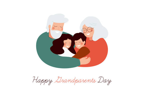 Happy Grandparents Day greeting card. Happy Grandparents Day greeting card. Senior generation embrace their grandson and granddaughter with love and care. Vector illustration isolated on white background grandparents stock illustrations