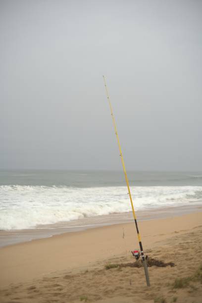 View of yellow fishing rod on beach stock photo