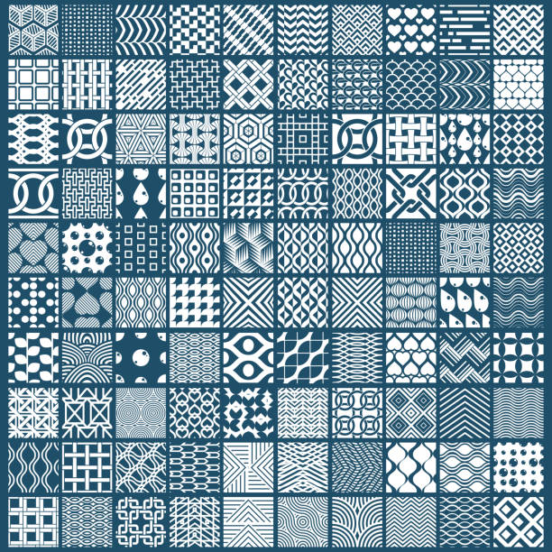 마름모, 사각형 및 원과 같은 다른 그림으로 구성된 벡터 끝없는 기하학적 패턴의 집합입니다. 흑백 색상으로 만든 그래픽 장식 타일. - interweave stock illustrations