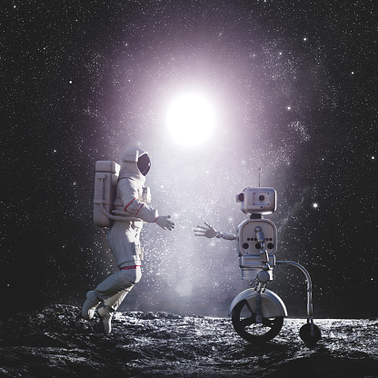 Astronaut and robot or artificial intelligence handshake on alien planet. 3D Illustration.