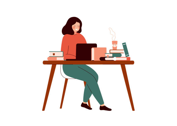 책으로 둘러싸인 노트북에서 일하는 젊은 여성 - 쓰기 일러스트 stock illustrations