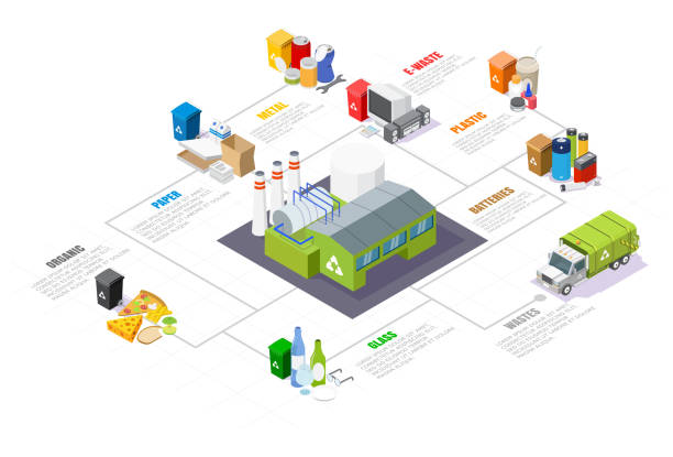 ilustraciones, imágenes clip art, dibujos animados e iconos de stock de infografías isométricas de clasificación y reciclaje de basura, ilustración aislada vectorial - recycling paper garbage landfill