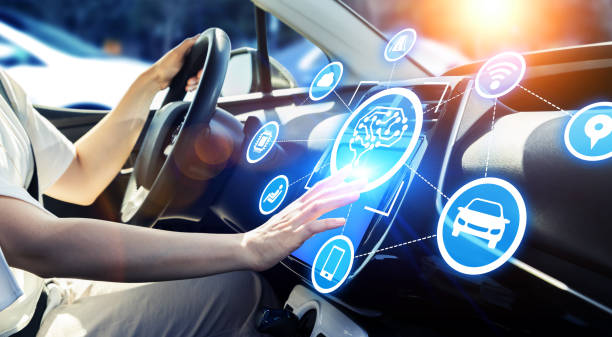Automobile and AI (artificial Intelligence) concept. Autonomous car. Automobile and AI (artificial Intelligence) concept. Autonomous car. dashboard vehicle part photos stock pictures, royalty-free photos & images