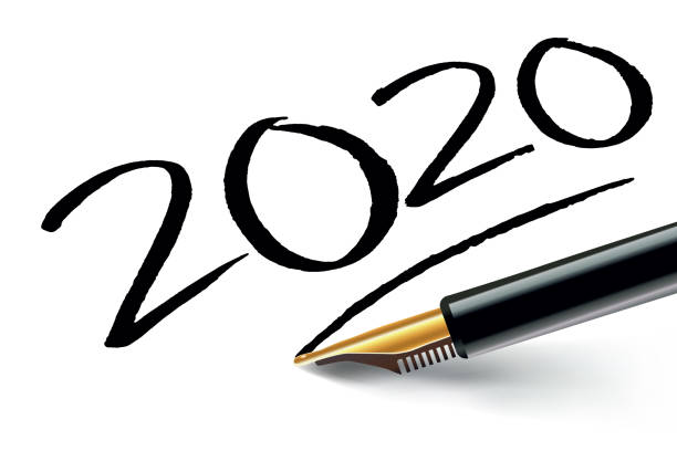 2020 written with pen as a signature wishes 2020 inscribed on white paper in black ink with a fountain pen and underlined as a signature business plan document stock illustrations