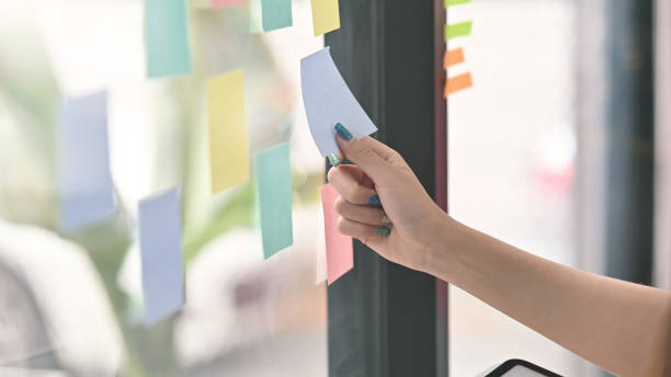 istock Close-up Sticky note paper reminder schedule board. Business people meeting and use post it notes to share idea. 1168364134