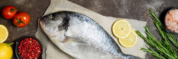 istock Fresh raw fish closeup. Dorado fish with lemon, spices and herbs on kitchen table. Cooking fish with herbs. Top view. Long web format 1168365740