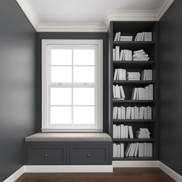 Comfy upholstered window seat with drawers in a window nook with library and books.  Trim, molding, crown and baseboard in white color. 3d rendering, 3d illustration Comfy upholstered window seat with drawers in a window nook with library and books.  Trim, molding, crown and baseboard in white color. 3d rendering, 3d illustration alcove stock pictures, royalty-free photos & images