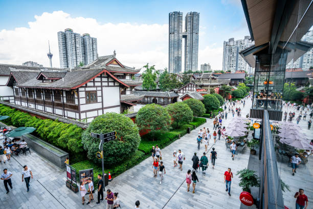 Top view of Sino-Ocean Taikoo Li and Daci temple in Chengdu Sichuan China Chengdu China, 3 August 2019 : Top view of Sino-Ocean Taikoo Li and Daci temple in Chengdu Sichuan China chengdu photos stock pictures, royalty-free photos & images