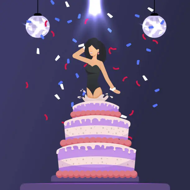 Vector illustration of Beautiful Girl Jumped out of Cake Festive Cartoon