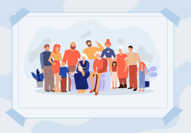 Poster Family Photo Different Generations Flat. Poster Family Photo Different Generations Flat. Grandmother and Grandfather are Sitting Couch with Baby their Arms, Adult Children and Grandchildren Different ages are Standing Next to them. different families stock illustrations
