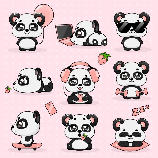  Conjunto, kawaii, loco, pequeño, panda, vector, ilustración Colección de ilustraciones