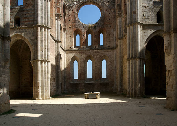 Iterior view of abandoned abbey at San Galgano, Siena, Italy