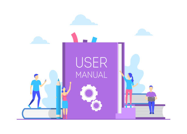 мультфильм цвет пользователь руководство концепция плоский дизайн. вектор - инструкция по эксплуатации stock illustrations