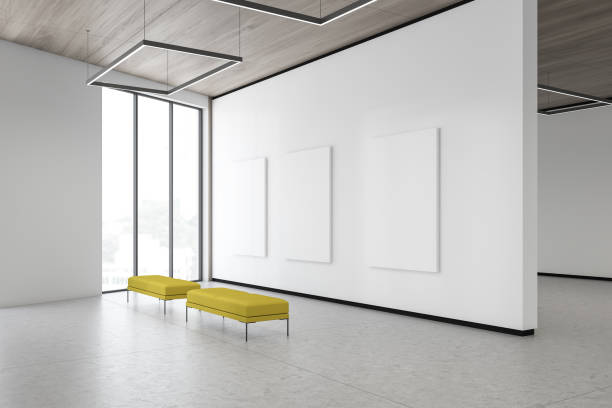 three mock up posters in white gallery corner - art museum museum architecture bench imagens e fotografias de stock