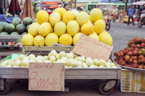 Melons at market in Ho Chi Minh City, Vietnam Melons on stalls with price tags: golden melon, 15.000 dongs (0.6 USD) for 1 kg, and pear melon, 8.000 dongs for a piece. At a street market in Cho Lon, Ho Chi Minh City, Vietnam. dong stock pictures, royalty-free photos & images