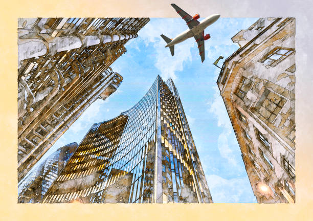 ein düsenflugzeug, das tief über drei verschiedene arten von architektur fliegt - london england urban scene 30 st mary axe city stock-grafiken, -clipart, -cartoons und -symbole